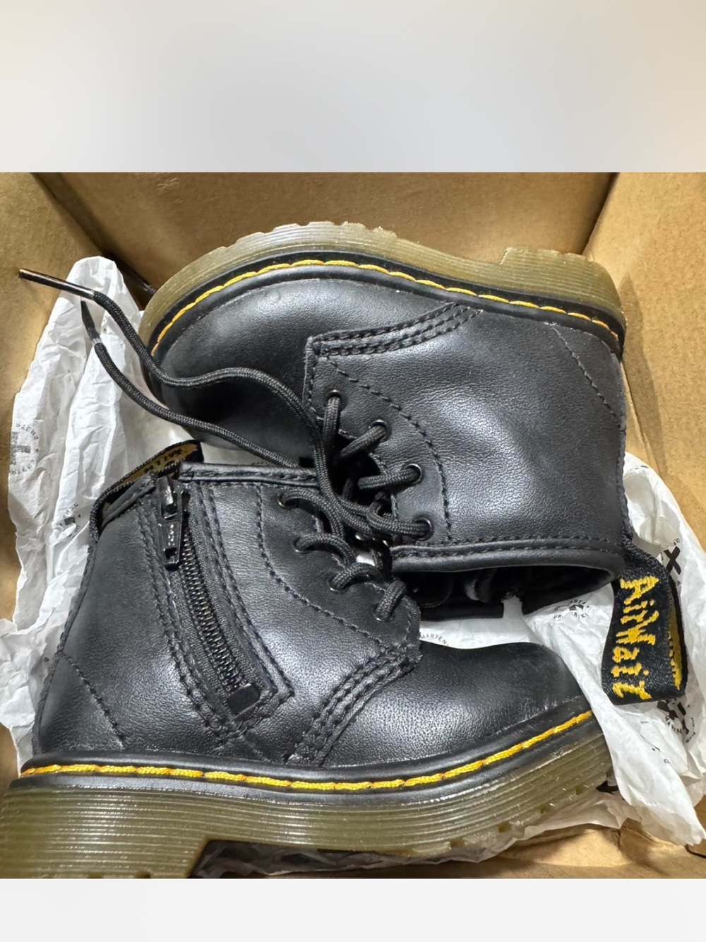 Dr. Martens Kids Black Leather Lace-Up Zip Boots with Yellow Stitching